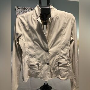 Vintage Guess Jeans Jacket Women L Beige Safari Style Zip Pocket 90s Made Taiwan